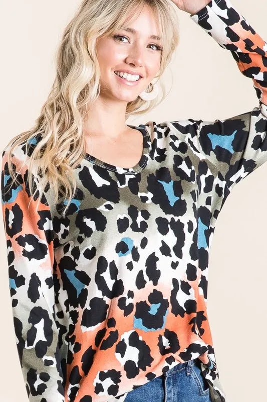 BiBi Gradation Leopard Print Soft Knit Deep U Neck Top - Love Salve